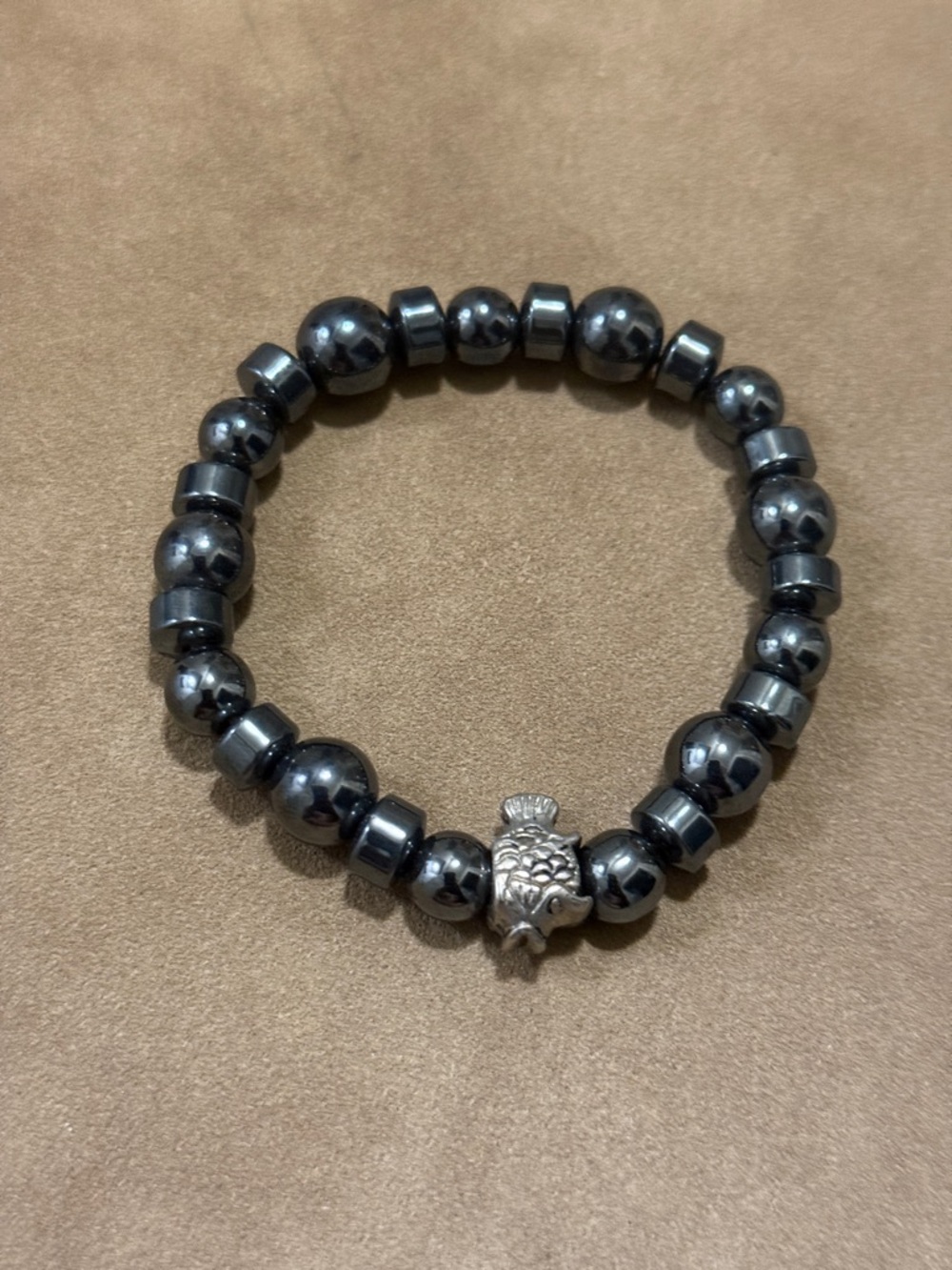 Hematite Beaded Bracelet with Fish Charm
